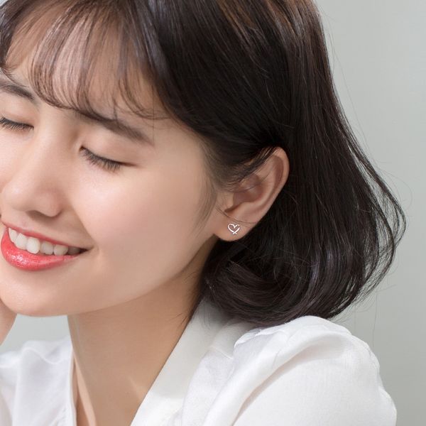 

modian classic line tiny design hearts simple stud earrings for women charm 925 sterling silver studs ear korean fine jewelry, Golden;silver