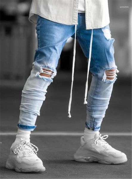 

man pencil pants with drawstring hiphop homme trousers gradient color mens jeans washed mens designer jeans distrressed, Blue