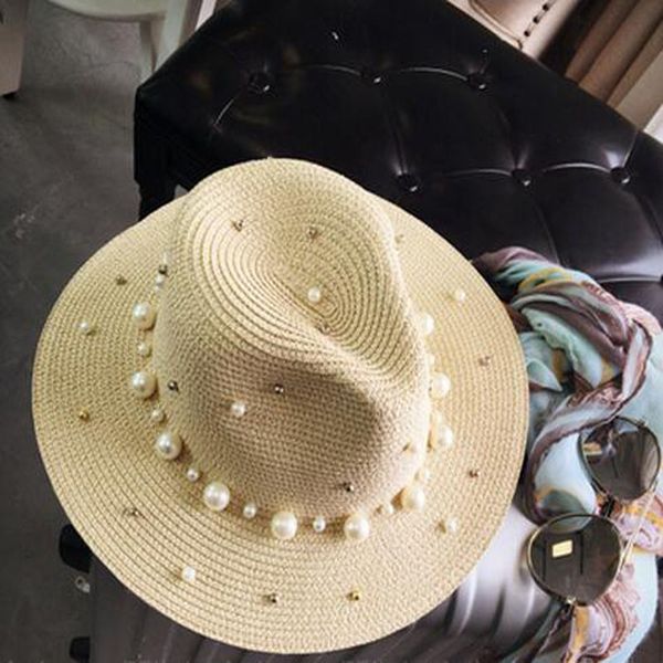 

wide brim hats 2021 summer british pearl beading flat brimmed straw hat shading sun lady beach, Blue;gray