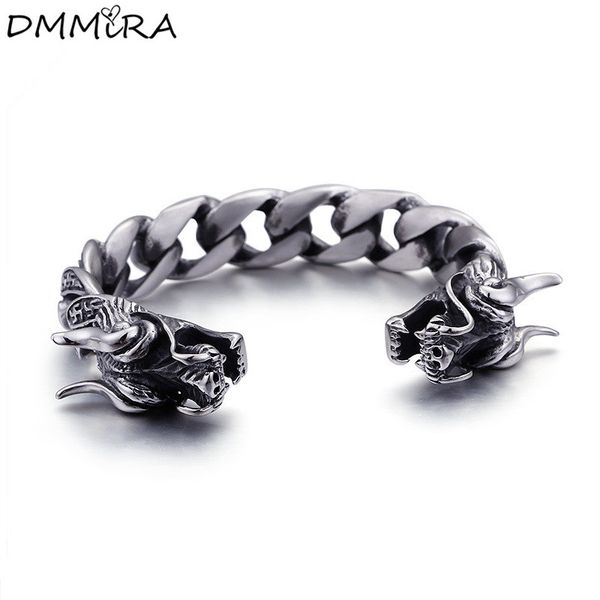 

bangle fashion cool men double dragon bangles retro color stainless steel head open cuff chain bracelets jewelry, Black