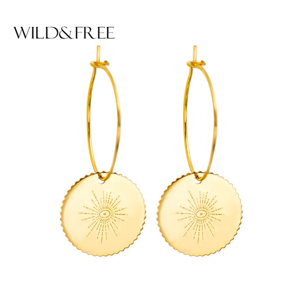 

wild&women new statement round pendant hoop earrings gold circle sun pettern bohemian stainless steel jewelry wedding gift, Golden;silver