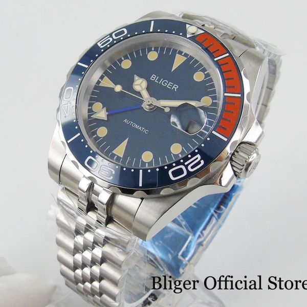 

bliger logo gmt 40mm automatic men wristwatch sapphire glass ceramic bezel jubilee strap, Slivery;brown