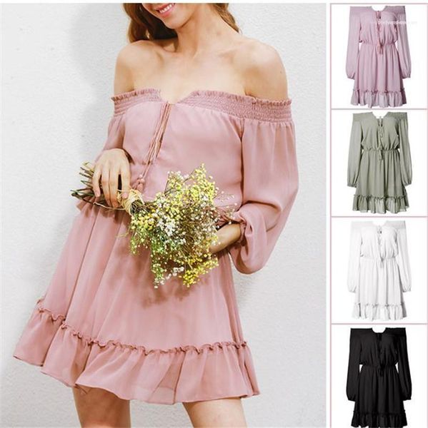 

платья женщина sundress новой распродажа женская летняя разрез шея платье шифонового длинный рукав сплошного цвет вскользь высокая талия, Black;gray