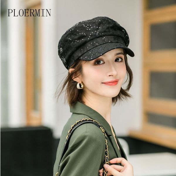 

2020 fashion spring summer ladies hats for women lace sequins beret europe and america retro flat casual wild octagonal cap, Blue;gray