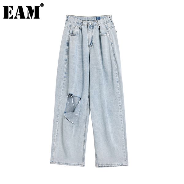 

women's jeans [eam] wide leg blue holes pleated long high waist loose women trousers fashion tide spring autumn 2021 1z264