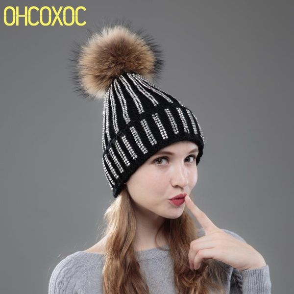

brand winter hats for women woman new bling crystal with real pompom new beanies winter hats, Blue;gray