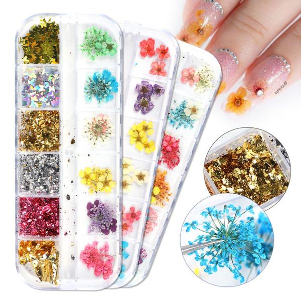 

glitter dried flower leaf mixed decoration nail art gold foil butterfly flakes nails sequin charms diy acrylic manicure ji1616, Silver;gold