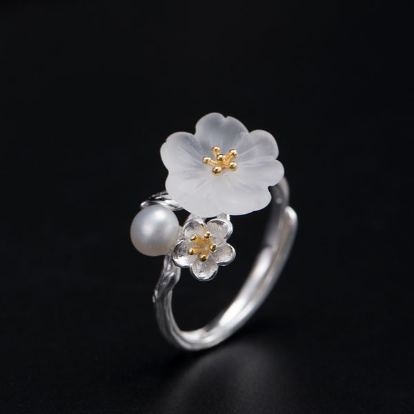 

ethnic style jewelry freshwater pearl ring opening women's antique s925 silver crystal silver petals, Golden;silver