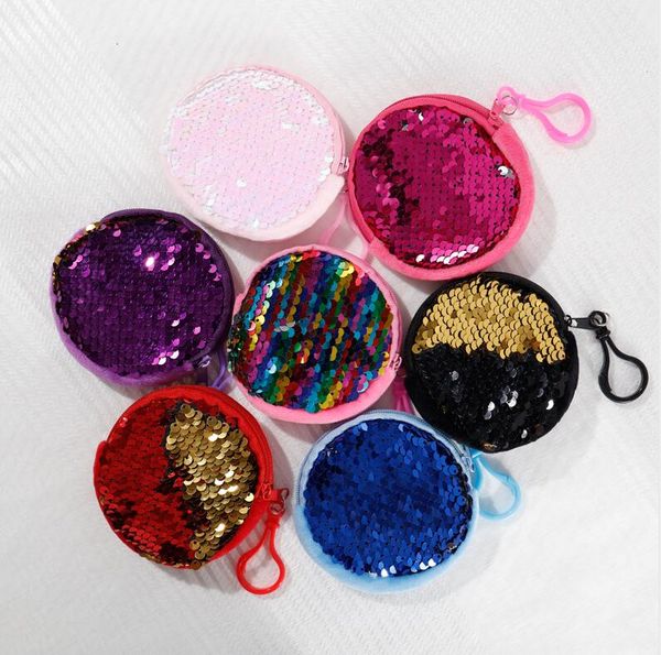 

kids boy girls mermaid sequins coin purse wallets portable earphone keychain storage handbag children zipper clutch bags key case e9901, White