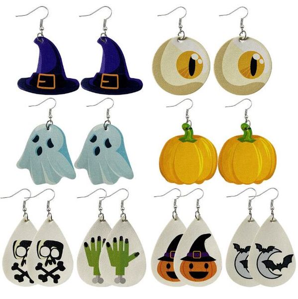 Novos Brincos de Couro de Halloween Brincos Drop-shaped Lâmpada de Abóbora Impressão Facilado PU Brincos de Couro PU GD605