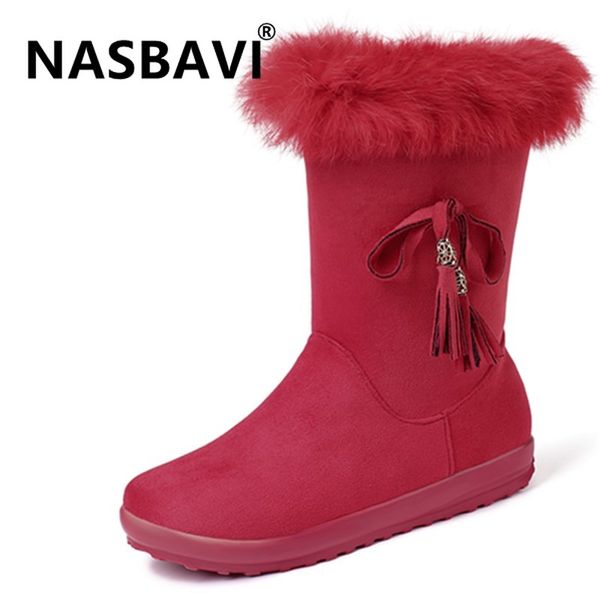 

good quality women warm winter boots non-slip low heels 2020 real fur butterfly-knot ladies snow boots plus size 43, Black