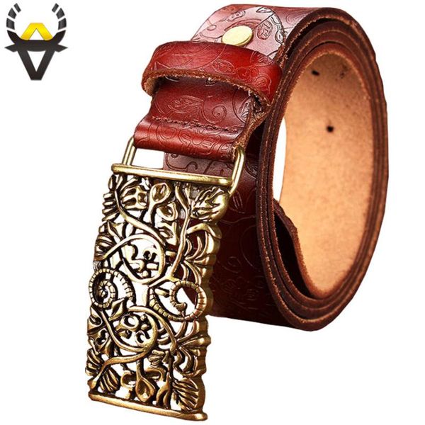 

new fashion cow genuine leather belt woman vintage floral metal buckle wide belts for women strap for female jeans, Black;brown