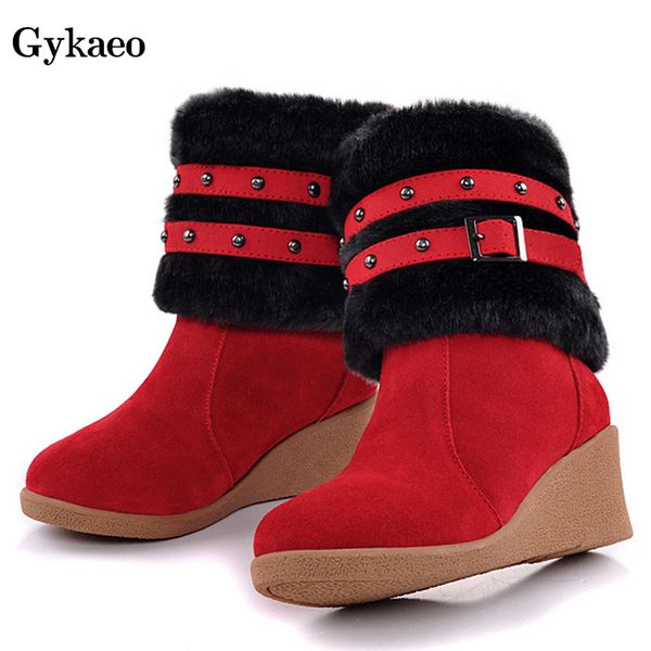 

gykaeo european and american style large size women shoes woman slope heel flanging mid-boot plush snow boots female botas mujer, Black