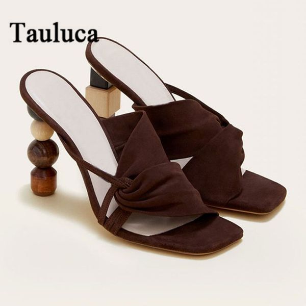 

new shoes women black shaped blocks high heels suede slippers sandals ladies summer open toe heel slippers zapatos mujer