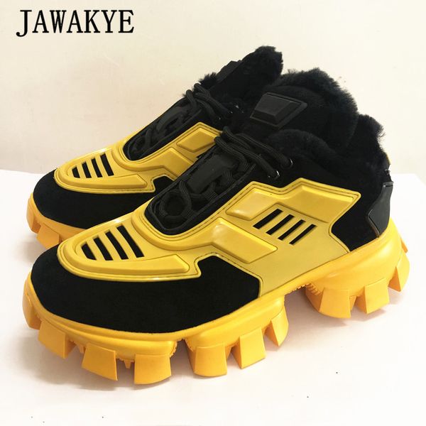 

winter mountain trainers boots mixed color lace up platform shoes woman round toe runway sneakers warm plush casual snow boots, Black