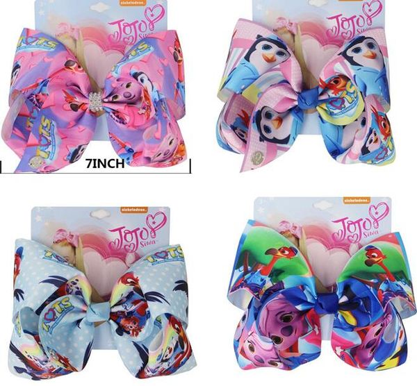 

10pcs/ new arrival customized baby girl 7inch large jojo swia hair bow with clip print cartoon ribbon rhinestones cheer bow, Slivery;white