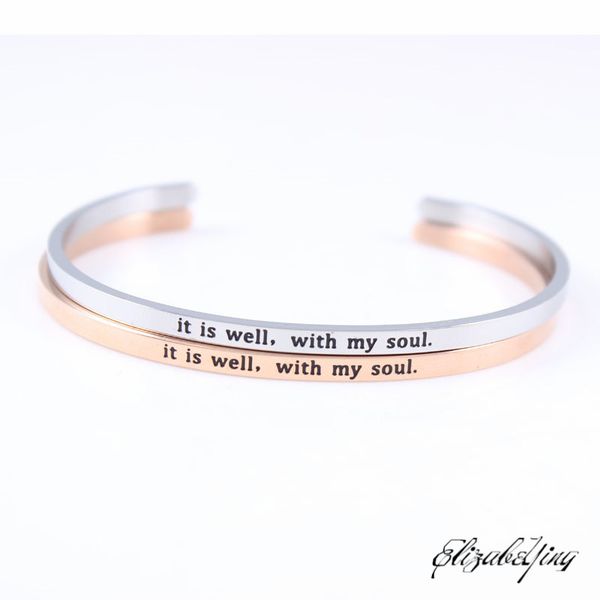 

it is well,with my soul stainless steel engraved positive inspirational quote cuff mantra bracelet bangle for women men jewelry, Black