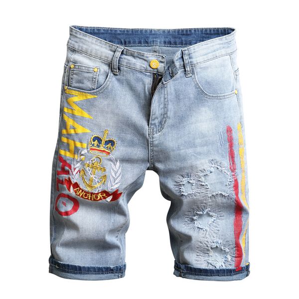 

new men's male fashion casual summer colored letters printed embroidery denim shorts streetwear patchwork ripped stretch jeans, Blue