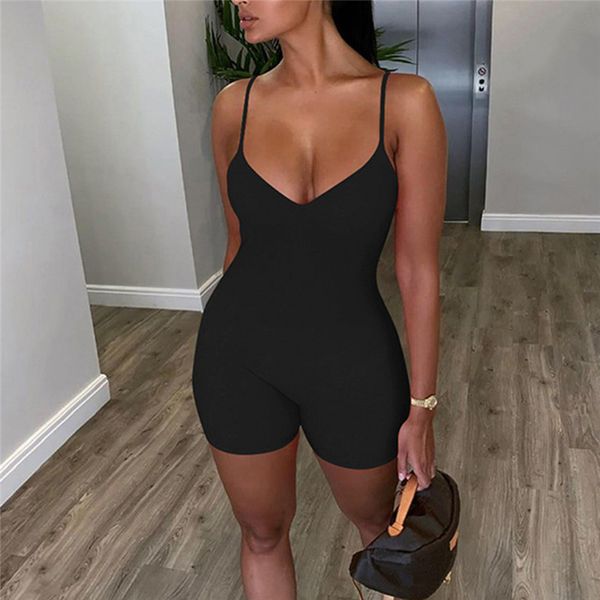 

women's jumpsuits & rompers women jumpsuit summer sleeveless deep v-neck tight female casual slim tin solid elegant street playsuit, Black;white
