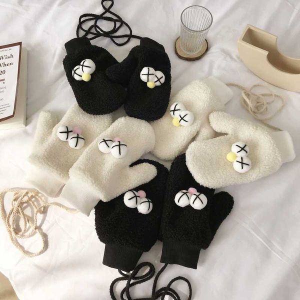 

harajuku style autumn winter ins lovely big eyes small fresh soft girl students lamb wool warm gloves women cute gloves, Blue;gray