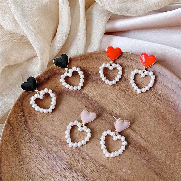 

luokey romantic korean style double heart earrings for women alloy simulated pearl dangle drop earrings geometry circle brincos, Silver