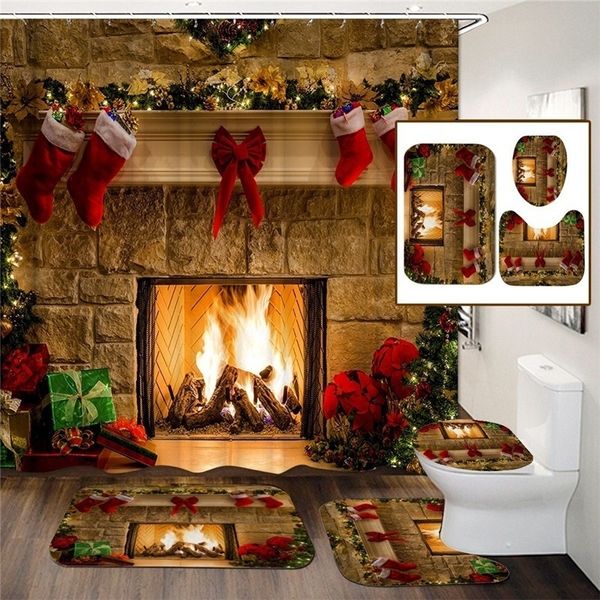 

bath accessory set christmas decoration fireplace pattern bathroom waterproof shower curtain non-slip mats carpets toilet seat cover 2021