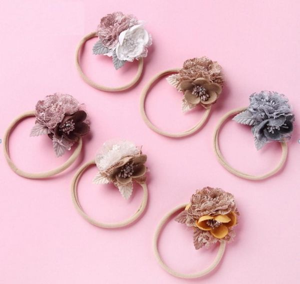 

dhl 500pcs newborn baby elastic princess florals lace headband girls pearl fresh style cute headwear, Slivery;white