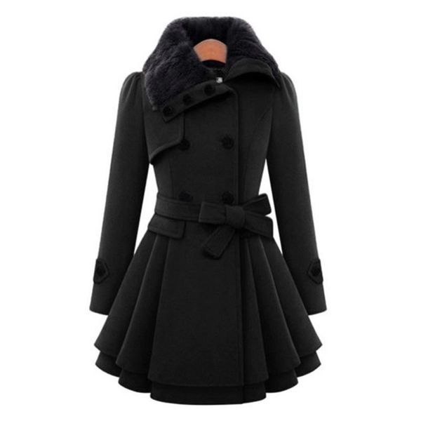 

women's wool & blends winter coat women trench turn-down collar long sleeve peacoat faux fur double breasted thick plus size fashion ou, Black