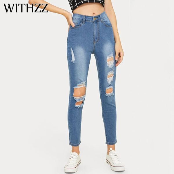 

withzz высокой талией отверстие джинсовые pantstrousers torn карандаш брюки женские рваные джинсы, Blue