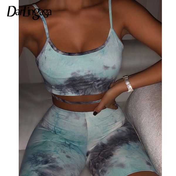 

darlingaga fashion tie dye two piece set women tracksuit workout sporty strap crop and biker shorts summer matching sets new, Gray