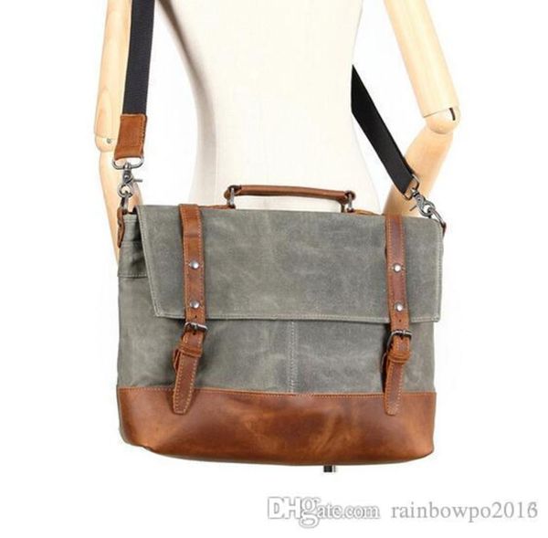 

factory sales new waxed waterproof canvas shoulder retro, recreational and mad horsehide mans lapbag business leather briefcase