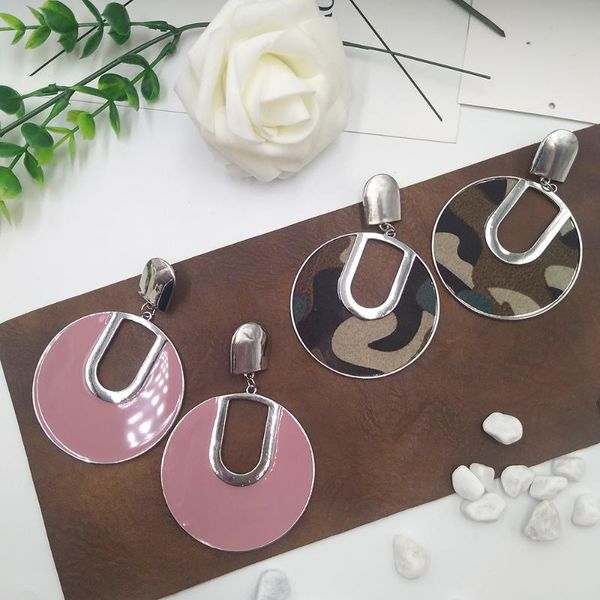

exaggerated camouflage earrings for women green pink big circle geometric earrings fashion jewelry enamel denim cloth, Silver