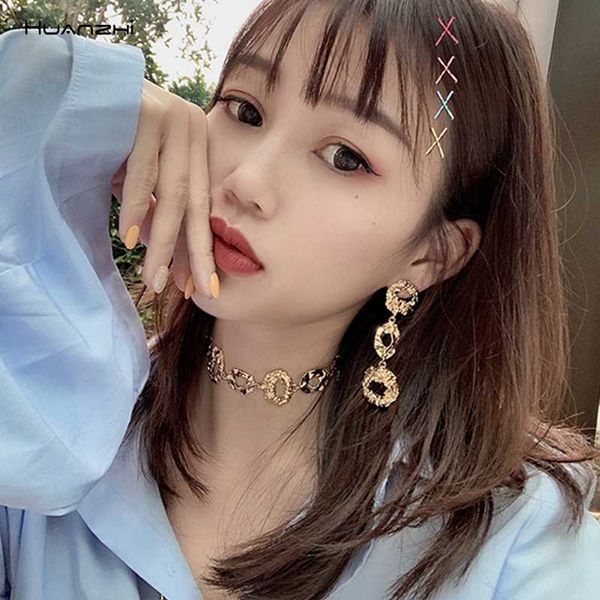 

huanzhi 2020 new star same paragraph geometric irregular bump fold hollow wafer gold metal necklace for women girl party jewelry, Golden;silver