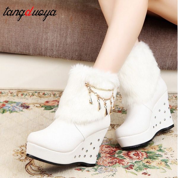 

platform wedge women boots beaded winter women shoes platform warm fur shoes woman ankle white snow boots bota feminina 2020, Black