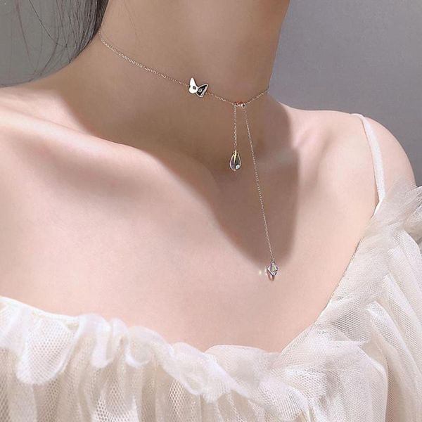 

new fashion sweet butterfly water drop tassel necklace romantic accessories crystal gift fine shiny for women jewelry engag p8x6, Silver