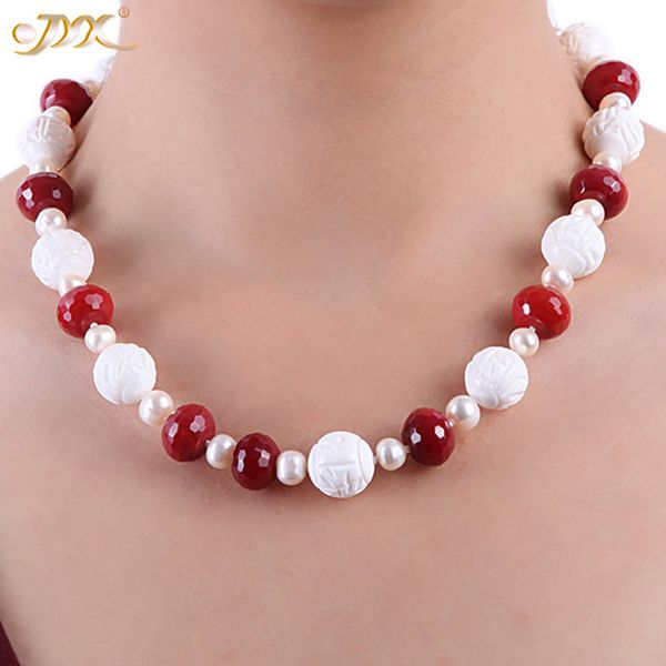 

jyx 7x9mm white round freshwater pearl with red gemstone and natural tridaonidae necklace jewelry gift for women, Silver