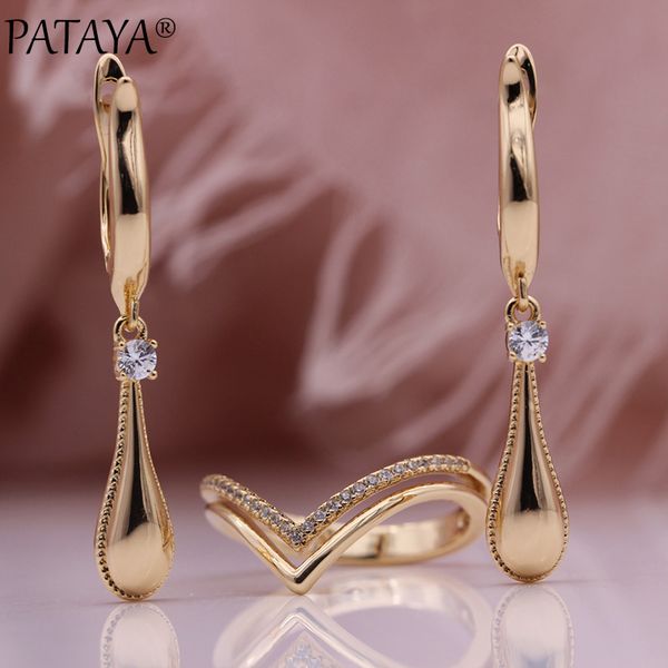 

pataya new glossy water drop long dangle earrings double layer natural zircon ring set 585 rose gold women party fashion jewelry, Silver