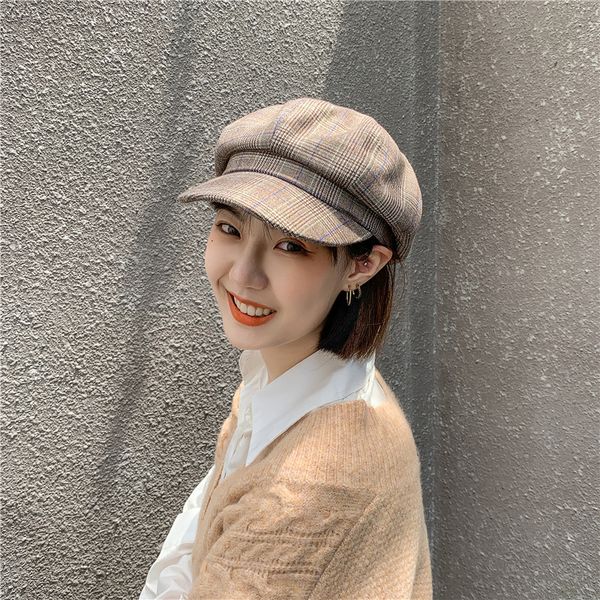 

ewq] new style hat ladies autumn and winter england lattice octagonal hat fashion wild trend street beret cap trendy zt511, Blue;gray