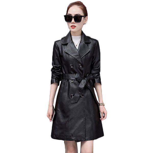 

women leather long trench coats spring autumn fashion windproof waterproof plus size 5xl pu leather windbreaker female coat 226, Black