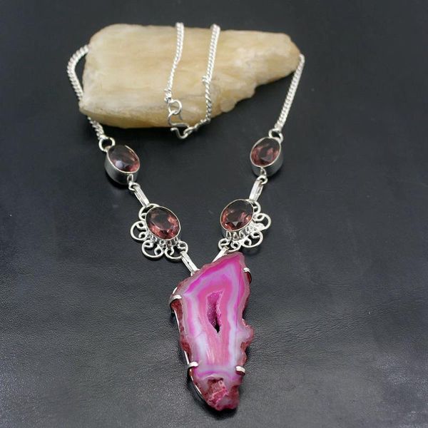 

chains precious natural druzy amethyst925 sterling silver color women charm pendant necklace 18 inch tf1048