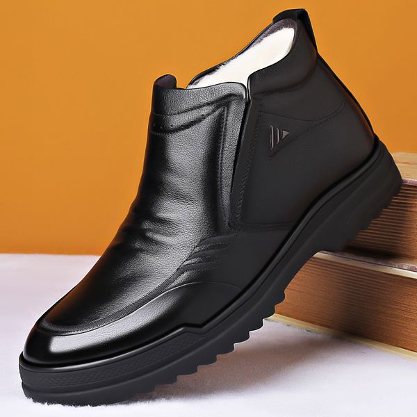 

brand designer mens casual warm plush snow boots outdoor cow leather wool winter shoes platform cotton ankle boot sapatos botas, Black