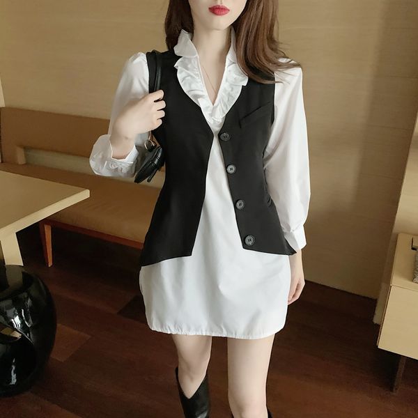 

british style ruffled white long shirt 100 matching meat-covering women's autumn handsome suit british style ruffled white vest vestlon, Gray