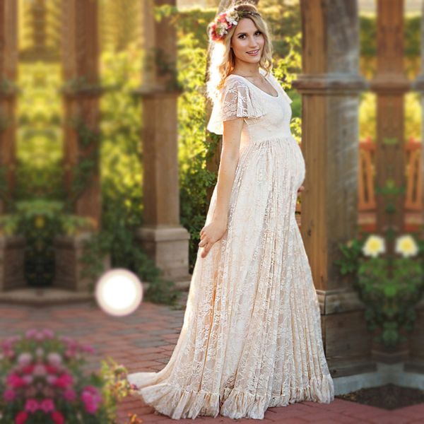 

maternity dresses fashion pography props summer beach white lace female long dress short sleeve for pregnant