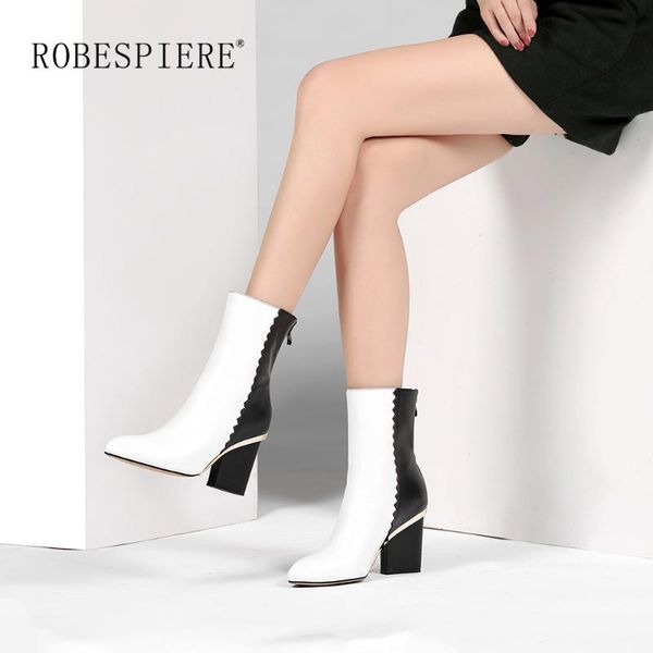 

robespiere winter genuine leather mid calf boots fashion metal decoration strange heels women shoes pointed toe zipper boots b66, Black