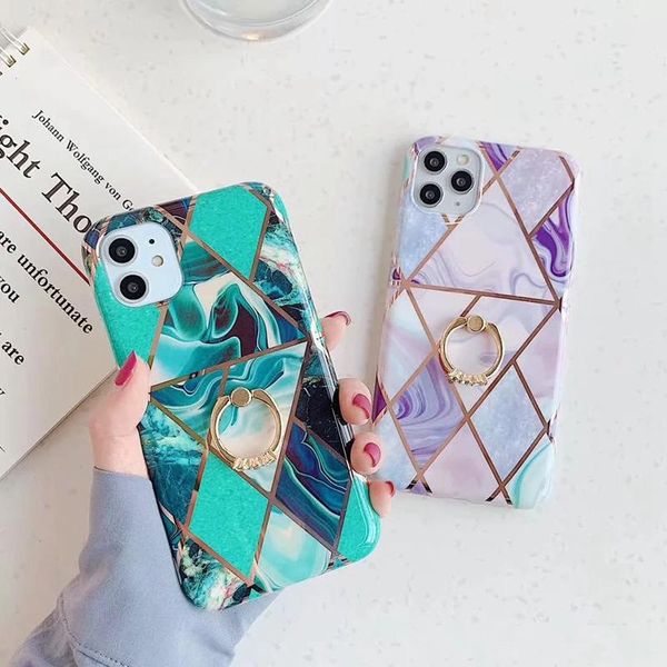 

geometric marble case for iphone 11 xs max xr x 8 7 6 360 finger metal ring luxury hybrid soft tpu imd plating rock holder chromed covers