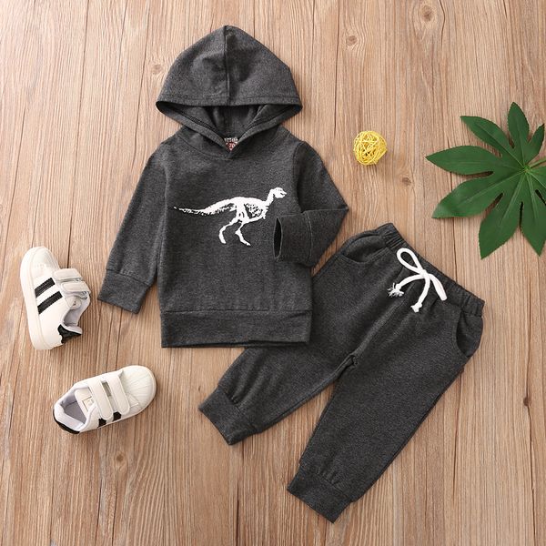 

2020 fall spring baby boy's girl clothing set toddler dinosaur print long sleeve hooded sweatshirt + long pants 0-3t outfits, White