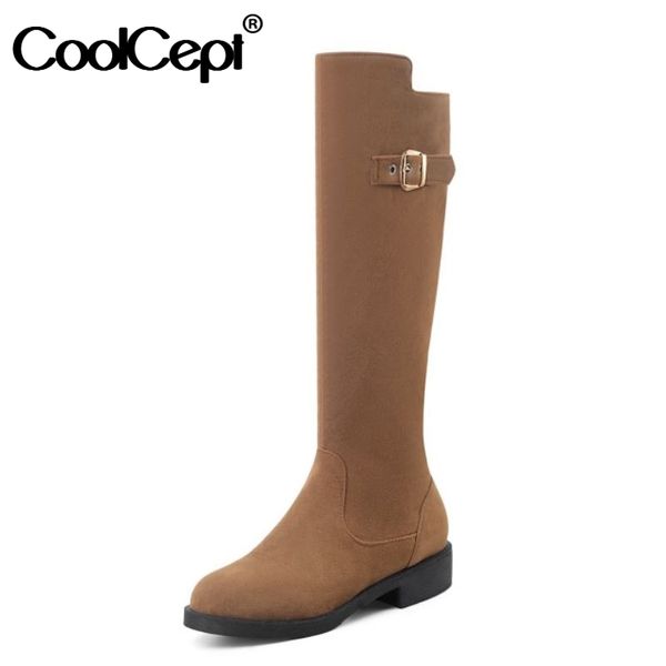 

coolcept women new knee high boots round toe low heel zipper metal decoration shoes retro female footwear winter size 34-43, Black