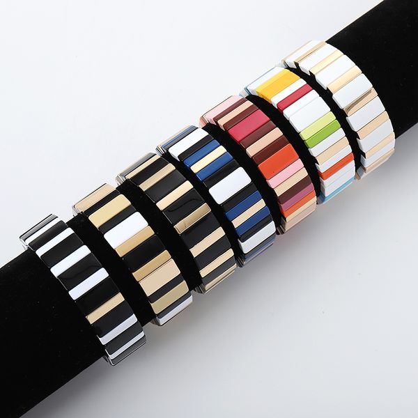 

g.ycx new handmade enamel rainbow tile bracelets bohemian diy handmade colorful bead stackable elastic couple bracelet women men, Black