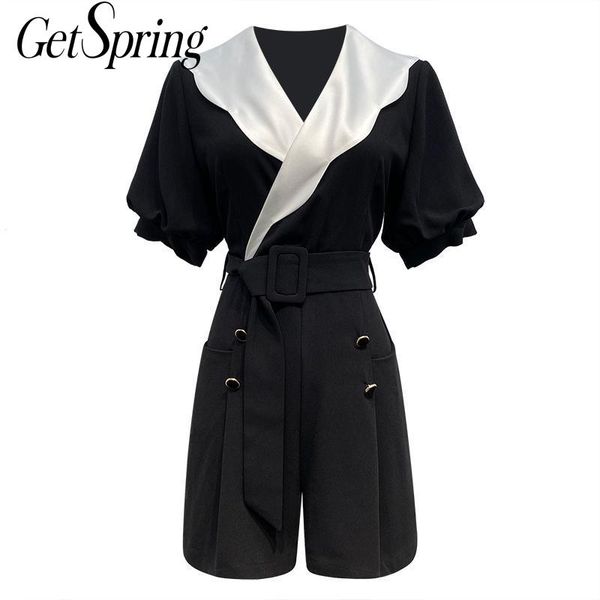

getspring women jumpsuit short sleeve patchwork belt rompers womens jumpsuit color contrast retro ladies playsuits summer 2020, Black;white