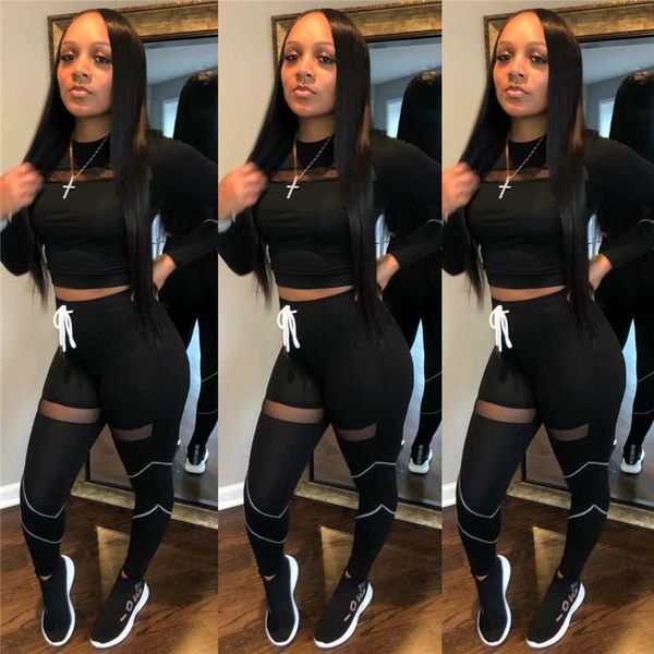 

gym clothing 2021 fashion women 2pcs autumn outfit solid color mesh long sleeve round collar pants tracksuits jogging sportswear, White;black